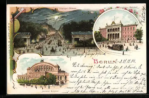 Lithographie Berlin, Leipziger-Strasse, Potsdamer Bahnhof, Anhalter Bahnhof