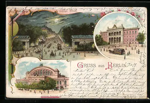 Lithographie Berlin, Leipziger Strasse, Potsdamer Bahnhof, Anhalter Bahnhof