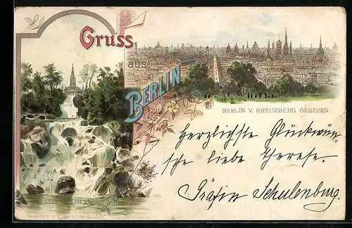 Vorläufer-Lithographie Berlin, 1895, Wasserfall im Victoria-Park, Ortsansicht v. Kreuzberg aus