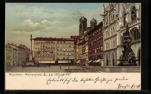 Lithographie München, Marienplatz mit Brunnen