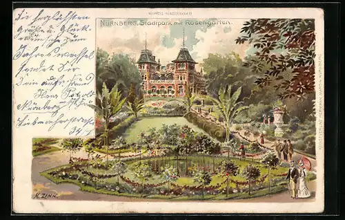 Lithographie Nürnberg, Stadtpark mit Rosengarten