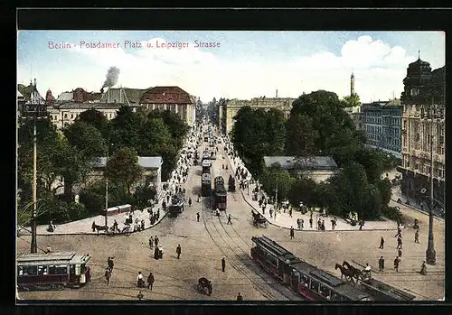 AK Berlin, Strassenbahn am Leipziger Platz u. Leipziger Strasse