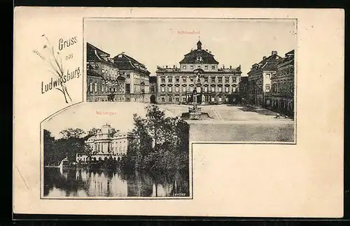AK Ludwigsburg, Ansicht vom Schlosshof und Monrepos