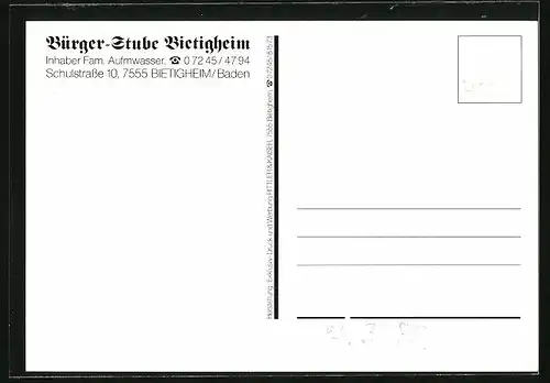 AK Bietigheim /Baden, Bürger-Stube Bietigheim, Inh. Fam. Aufmwasser, Schulstrasse 10