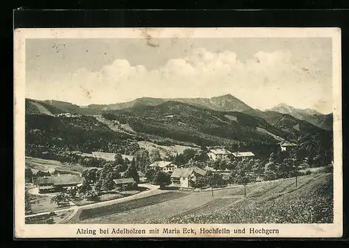 AK Alzing bei Adelholzen, Gesamtansicht mit Maria Eck, Hochfelln und Hochgern