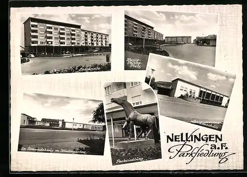 AK Nellingen a. F., Parksiedlung, Ladenzeile, Herzog-Philipp-Platz, Lindenschule, Ev. Gemeindehaus m. Kindergarten