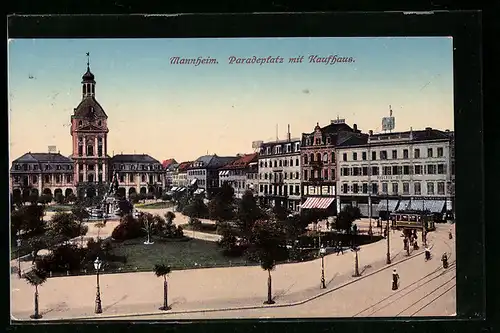 AK Mannheim, Paradeplatz mit Kaufhaus und Strassenbahn