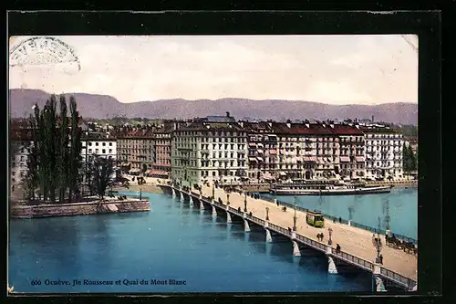 AK Genève, Ile Rousseau et Quai du Mont Blanc, Strassenbahn