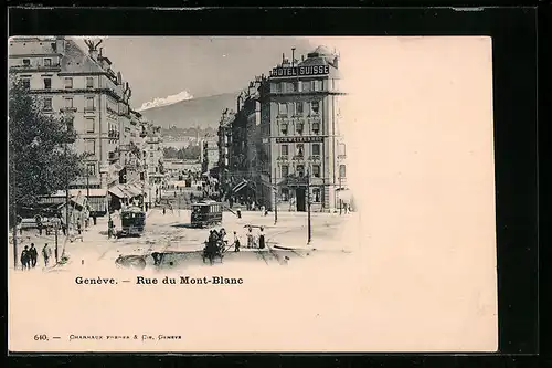 AK Genève, Rue du Mont-Blanc, Strassenbahn