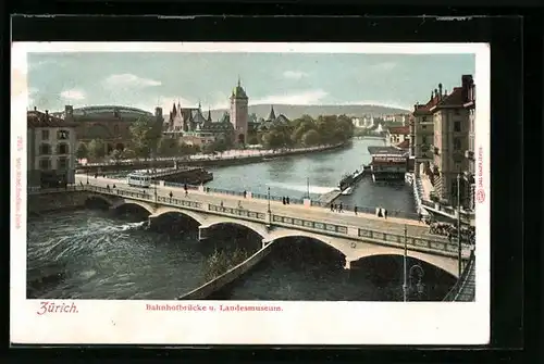 AK Zürich, Strassenbahn auf der Bahnhofbrücke u. Landesmuseum