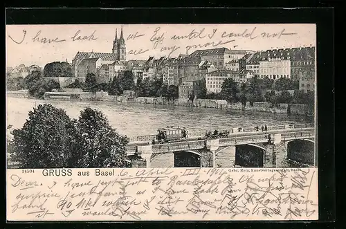 AK Basel, Strassenbahn auf der Brücke