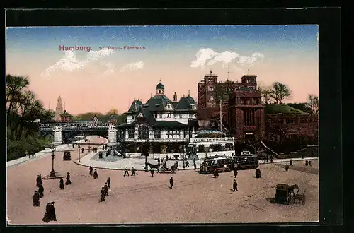 AK Hamburg-St. Pauli, Ortspartie mit St. Pauli-Fährhaus und Strassenbahn