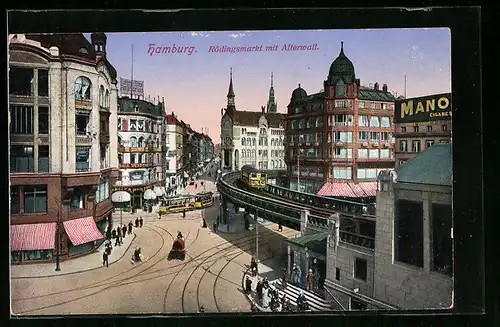 AK Hamburg, Rödlingsmarkt mit Alterwall und Strassenbahn
