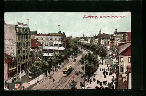 AK Hamburg-St. Pauli, Reeperbahn mit Strassenbahnen