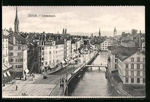 AK Zürich, Limmatquai mit Brücke und Strassenbahn