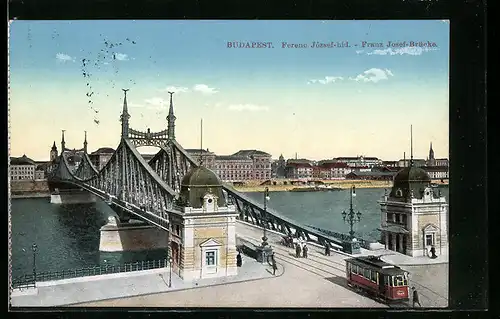 AK Budapest, Franz-Josef-Brücke mit Strassenbahn