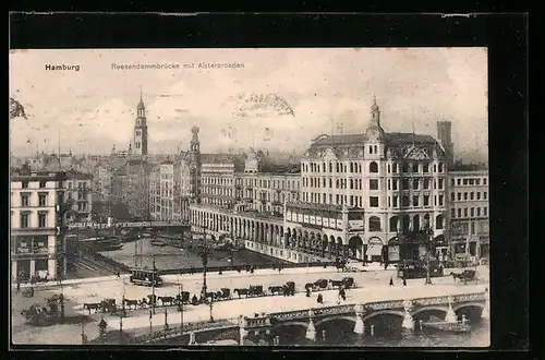 AK Hamburg, Reesendammbrücke mit Alsterarcaden und Strassenbahnen