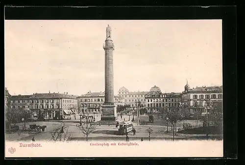 AK Darmstadt, Louisenplatz mit Ludwigsäule und Strassenbahn