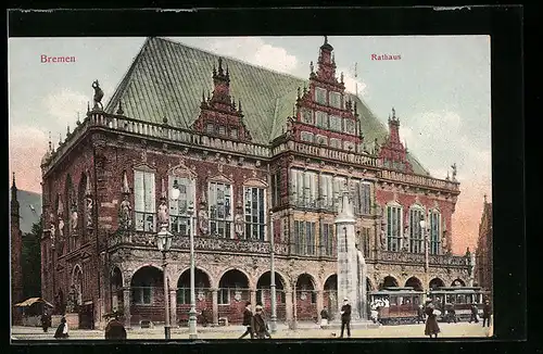 AK Bremen, Rathaus, Strassenansicht mit Strassenbahn