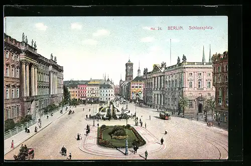 AK Berlin, Schlossplatz mit Kutsche und Strassenbahn
