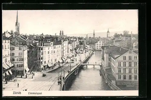 AK Zürich, Limmatquai mit Strassenbahn aus der Vogelschau