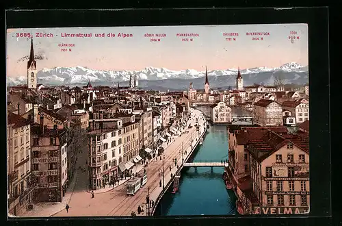 AK Zürich, Limmatquai mit Strassenbahn und Alpenblick