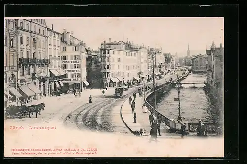 AK Zürich, Limmatquai mit Strassenbahn und Passanten