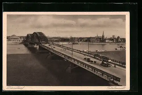 AK Düsseldorf, Totalansicht mit Brücke und Strassenbahn