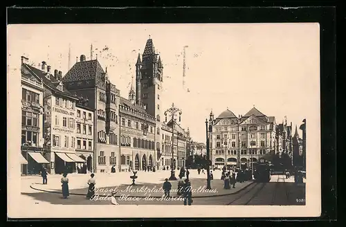 AK Basel, Marktplatz mit Rathaus und Strassenbahn