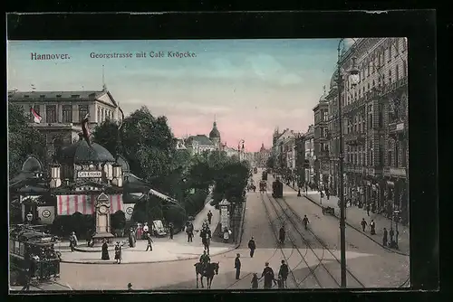 AK Hannover, Georgstrasse mit Cafe Kröpcke und Strassenbahn