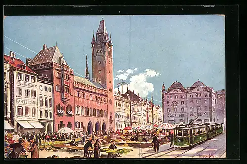 Künstler-AK Basel, Marktplatz mit Rathaus und Strassenbahn