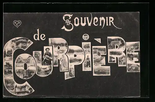 AK Courpiere, Le Chateau, Vue Generale, Mann mit Leier