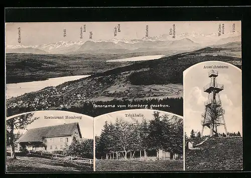 AK Reinach, Panorama vom Homberg gesehen, Aussichtsturm, Trinkhalle, Restaurant Homberg