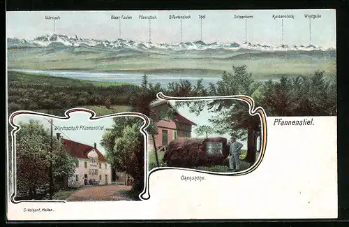 AK Pfannenstiel, Gasthaus Pfannenstiel, Okenshöhe, Bergpanorama mit Glärnisch, Tödi und Scheerhorn