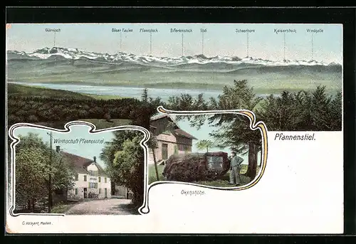 AK Pfannenstiel, Gasthaus Pfannenstiel, Okenshöhe, Bergpanorama mit Glärnisch und Scheerhorn
