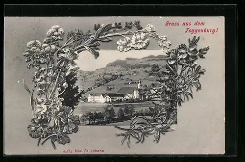 AK Neu St. Johann, Ortsansicht von Blumen gerahmt