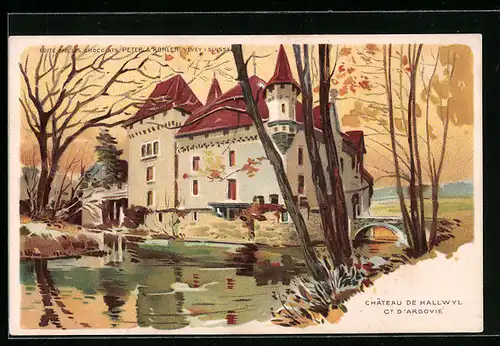 Lithographie Hallwyl, Chateau, Schloss im Herbst