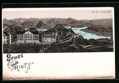 Lithographie Rigi, Hotels auf dem Rigi-Kulm