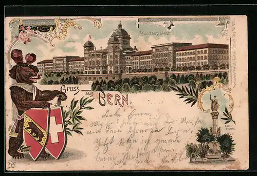 Lithographie Bern, Bundespalast, Berner Bär mit Stadtwappen, Berna-Brunnen