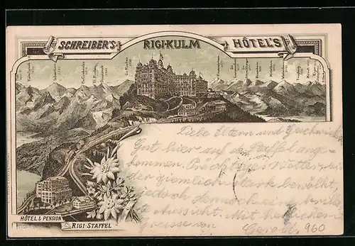 Lithographie Rigi, Schreibers Hotels Rigi-Kulm und Rigi-Staffel