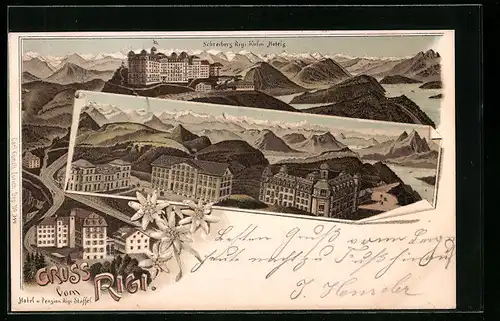 Lithographie Rigi, Hotel Schreiber Rigi-Kulm, Hotel-Pension Rigi Staffel, Totalansicht vom Ort