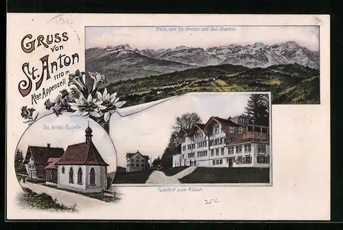 Lithographie St. Anton, Kapelle, Gasthof zum Rössli, Blick auf den Säntis