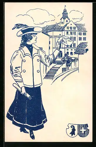 Künstler-AK Basel, Ortspartie, Dame mit Taschentuch