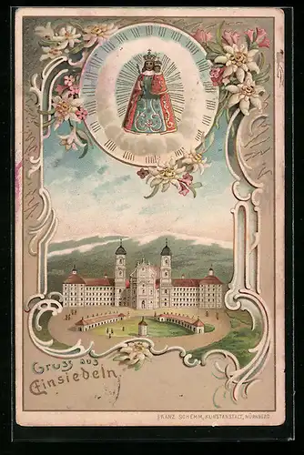 Lithographie Einsiedeln, Ansicht der Wallfahrtskirche, Mariendarstellung