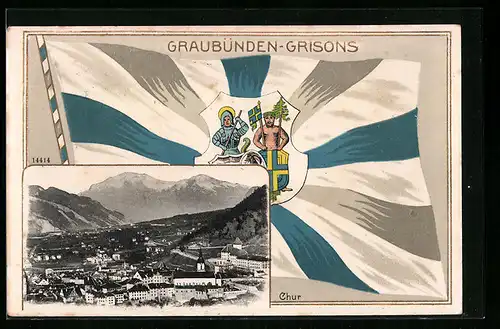 AK Chur, Ortsansicht, Fahne von Graubünden