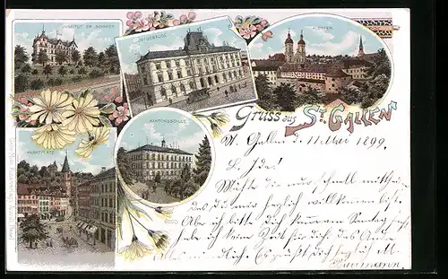 Lithographie St. Gallen, Postgebäude, Kloster, Marktplatz