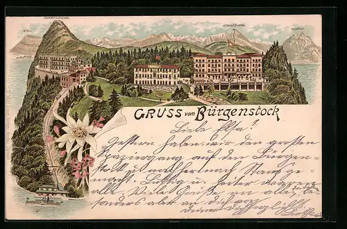 Lithographie Obbürgen, Hotelanlage Bürgenstock mit Bergbahnstrecke