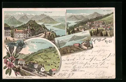 Lithographie Rigi, Rigi-Klösterli mit Bahnhof, Känzeli