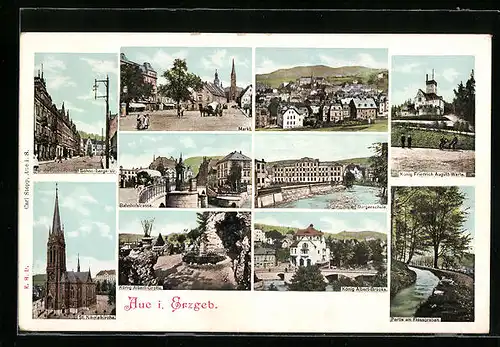 AK Aue i. Erzgeb., Bürgerschule, König Albert-Brücke, St. Nikolaikirche