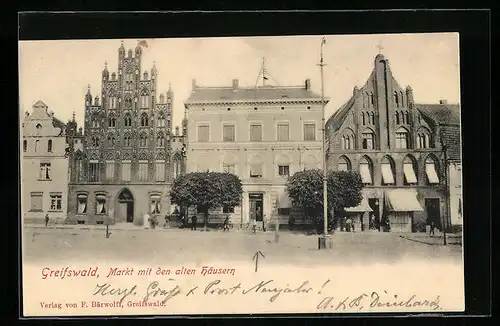 AK Greifswald, Markt mit den alten Häusern